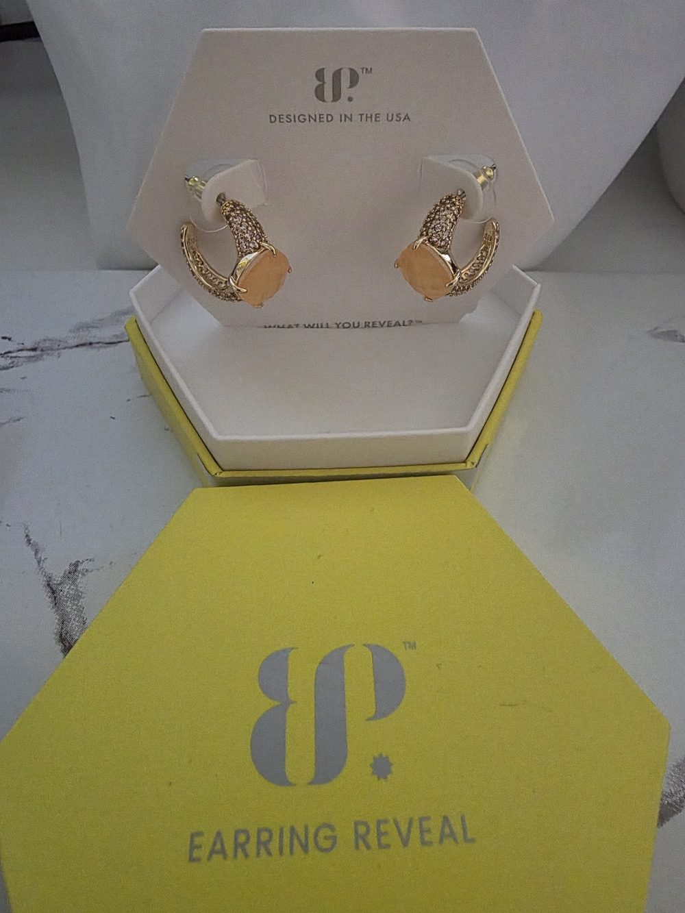 bp Gold-Tone Hoop Earrings with Peach Cabochon